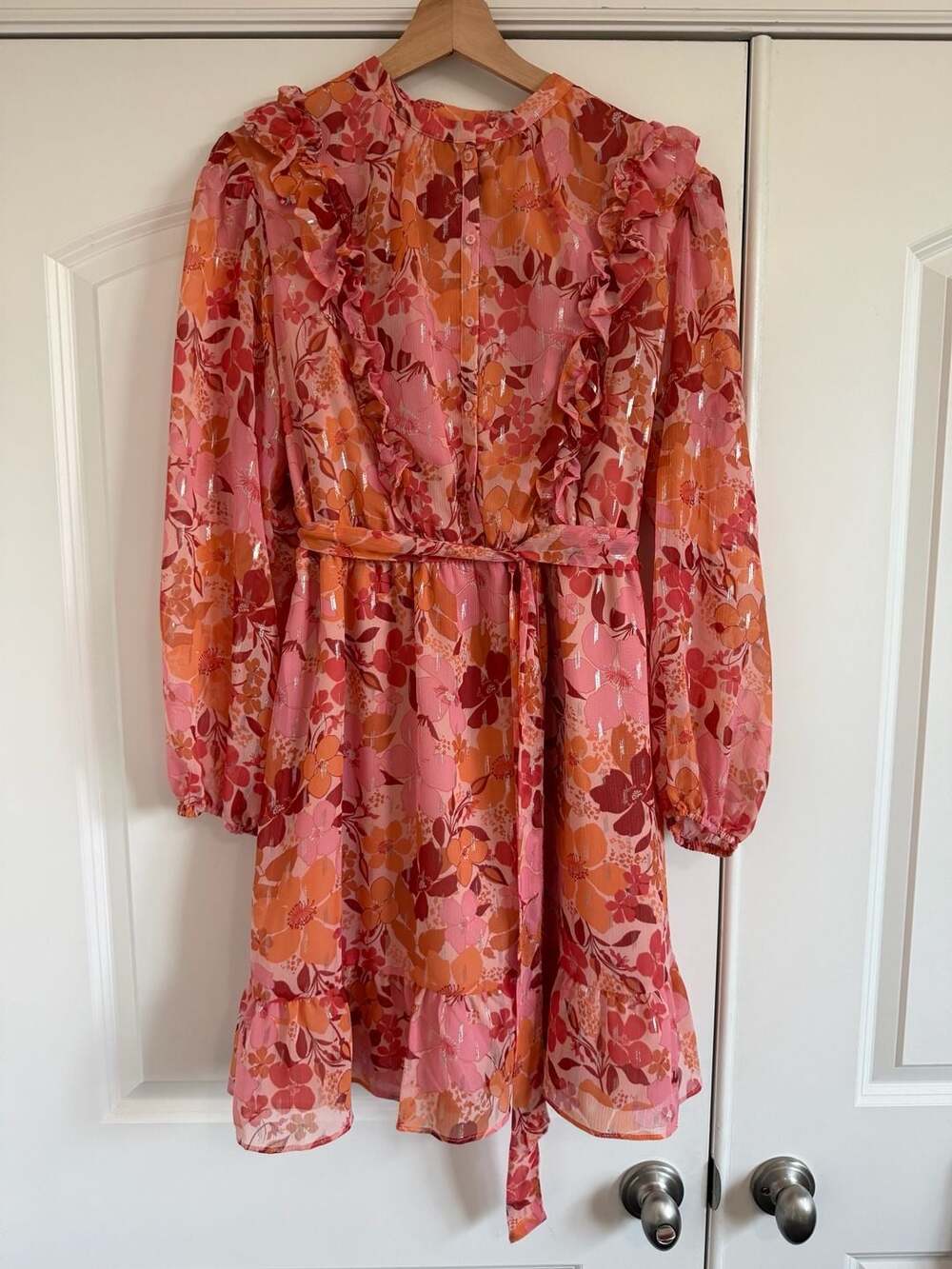 LC Lauren Conrad Pink Orange Floral Long Sleeve Ruffle Midi Dress Size L